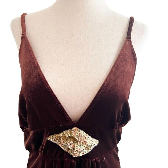 Vintage Tobacco Brown Velour Velvet Camisole Tank Top Gold Sequins Large - Picture 2 of 8